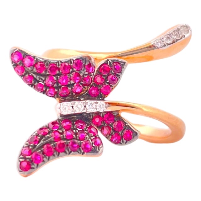 Ruby Butterfly Diamond Ring - 18k Rose Gold, Size 7.25 For Sale