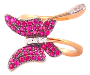 Ruby Butterfly Diamond Ring - 18k Rose Gold, Size 7.25