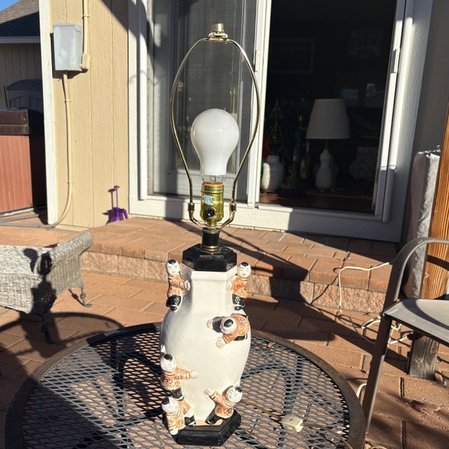 Chinoiserie Vintage Chinoiserie Porcelain Climbing Children Lamp For Sale - Image 3 of 5