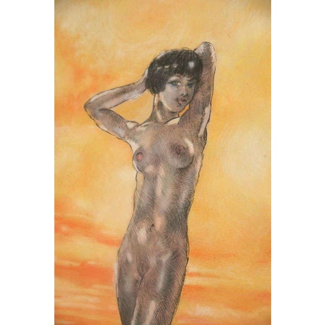 Light Yellow Vintage Art Deco Edouard Chimot Watercolor Painting Custom Framed French For Sale - Image 8 of 11