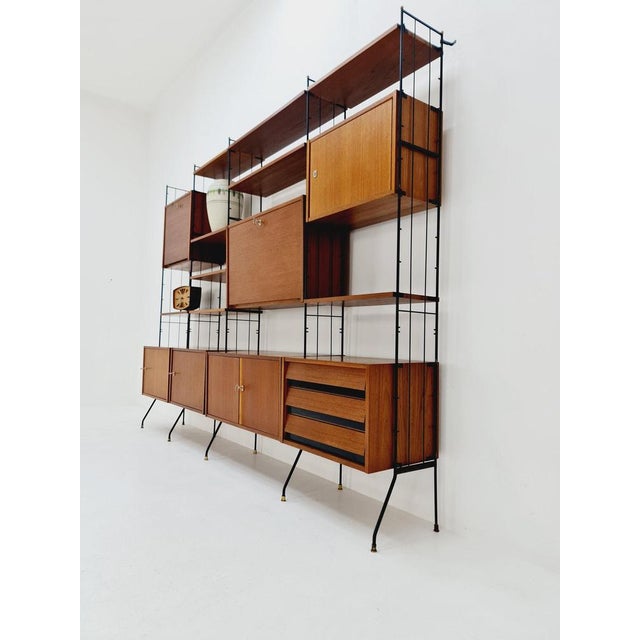 Wood Freestanding String Shelf-System Unit Bookcase in Teak and Metal by Silverschild, 1950s For Sale - Image 7 of 12
