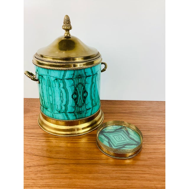 Vintage Aldo Tura Style Hollywood Regency Malachite & Brass Ice Bucket & Bottle Coaster Set / Barware For Sale In Las Vegas - Image 6 of 8