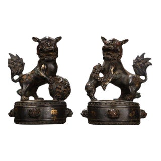 Pair of Antique Gilt Bronze Guardian Lions – 8.7" Foo Dogs on Drum Bases With Cub & Ball For Sale