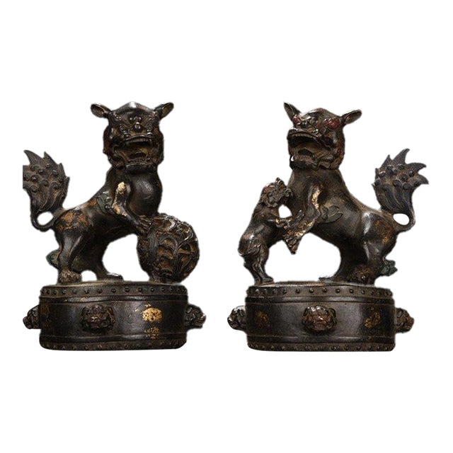 Pair of Antique Gilt Bronze Guardian Lions – 8.7" Foo Dogs on Drum Bases With Cub & Ball For Sale