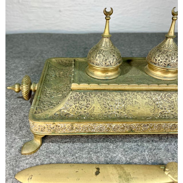 Brass Antique Embossed Brass Double Inkwell For Sale - Image 8 of 11
