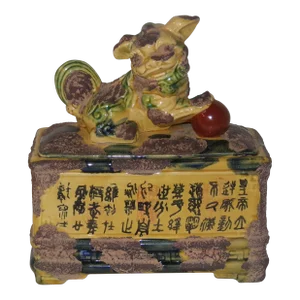 Large Vintage Late 20th Century Chinese Foo Dog Ceramic Box Hand Painted Calligraphy Box With Lid