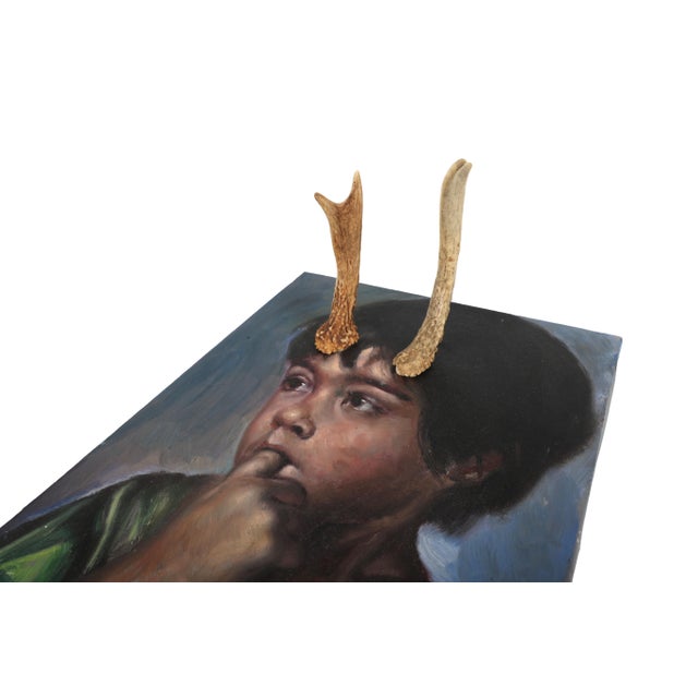 1960's Original Portrait of a Little Boy Altered With Antlers For Sale - Image 6 of 10