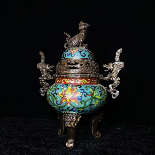 Metal Vintage Cloisonné Enamel Dragon-Handled Tripod Censer With Qianlong Mark For Sale - Image 7 of 9
