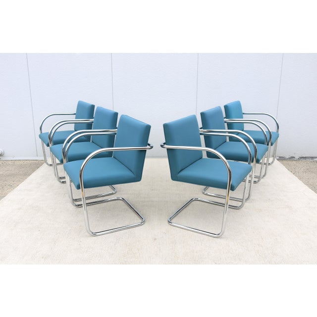 Metal MCM Ludwig Mies Van Der Rohe Brno Tubular Chairs Blue Fabric by Gordon, Set of 6 For Sale - Image 7 of 18
