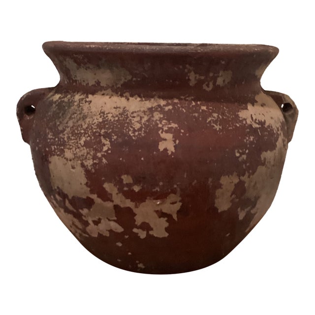 Antique Rustic Double-Handled Large Terracotta Planter/Vessel Earthy Red and Cream Patina For Sale