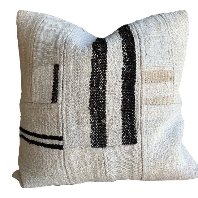 Vintage Turkish Hemp Rug Pillow With Down Insert 23" X 23" For Sale