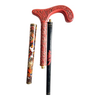 Antique Cinnabar and Enameled Walking Stick For Sale