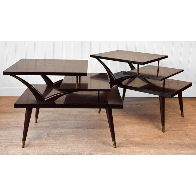 Mid-Century Modern Mid-Century Mahogany Sunburst Bentwood 3-Tier End Tables - A Pair For Sale - Image 3 of 13