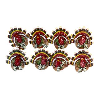 Vintage Boho Chic Americana Arts & Crafts Enameled Tole Turkey Napkin Ring - Set of 8, Thanksgiving For Sale