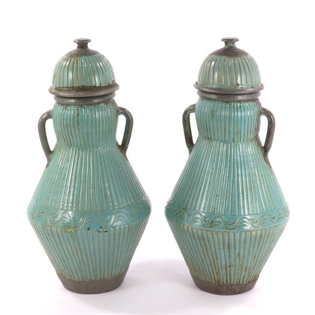 Pair Large Moroccan Turquoise Crackle Glaze Lidded Ceramic Urns For Sale