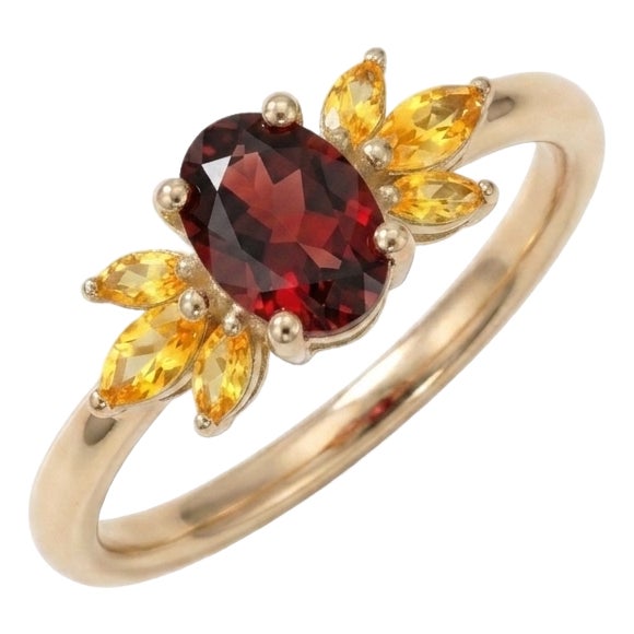 Natural Garnet & Citrine Leaf Cluster Ring | Dual Birthstone Statement Ring Us 7 For Sale