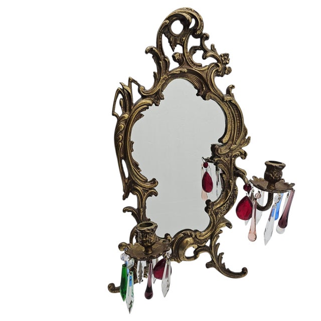 Rococo Early 20th Century Nb&iw Gilt Brass Art Nouveau Vanity Mirror With Prism Candelabra 20.5” For Sale - Image 3 of 18