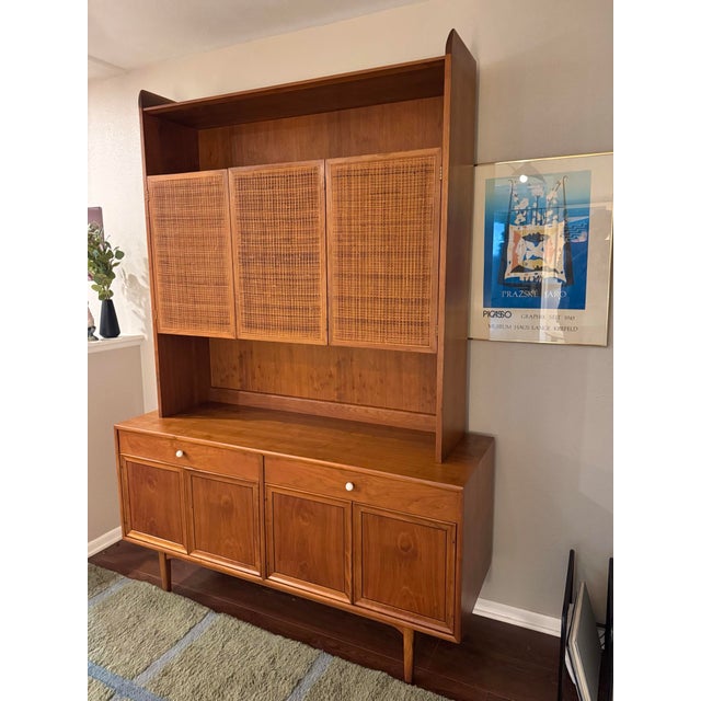 Brown A Beautiful Mid Century Modern Walnut and Cane Hutch Designed by Kipp Stewart for Drexels “Declaration” Line, Circa 1960s For Sale - Image 8 of 12
