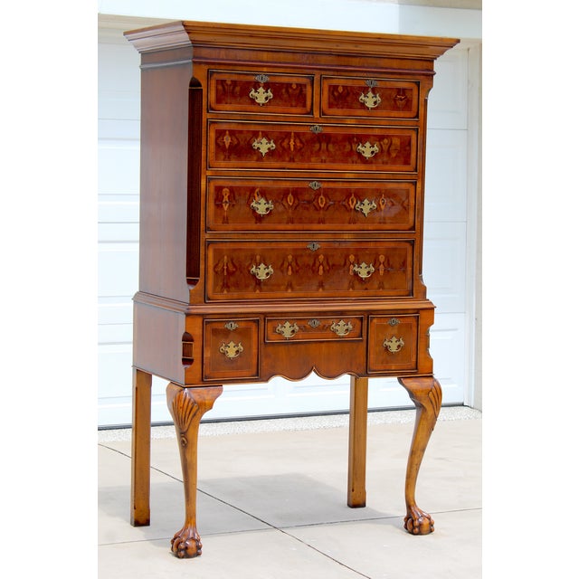 Chippendale 1950s Chippendale Revival Mahogany Highboy Chest on Stand With Satinwood Inlay & Ball-and-Claw Feet For Sale - Image 3 of 17