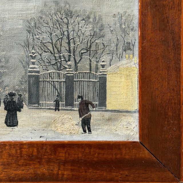 Figurative Antique Swedish Folk Art Winter Park Landscape With Figures, Signed (Oil on Canvas) For Sale - Image 3 of 6