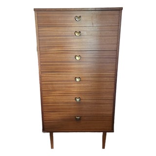Avalon Mid-Century Modern Teak Tallboy Chest of Drawers With Brass Hardware For Sale