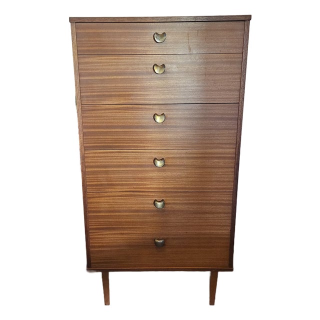 Avalon Mid-Century Modern Teak Tallboy Chest of Drawers With Brass Hardware For Sale