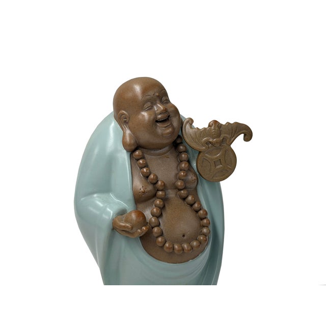 Ceramic Joyful Laughing Buddha Light Celadon Robe Ceramic Coin Bat Ru Yi Figure For Sale - Image 7 of 13