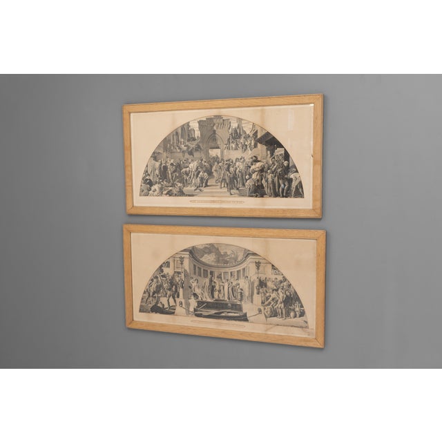 Pair of oak framed black and white prints " The Industrial Arts Applied to War and Peace " after Frederic Leighton. Circa...