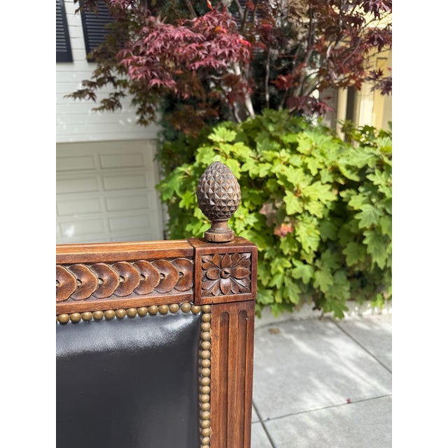 Antique Neoclassical Carved Wood & Black Leather Full-Size Headboard, Fluted Posts & Pinecone Finials For Sale In San Francisco - Image 6 of 12