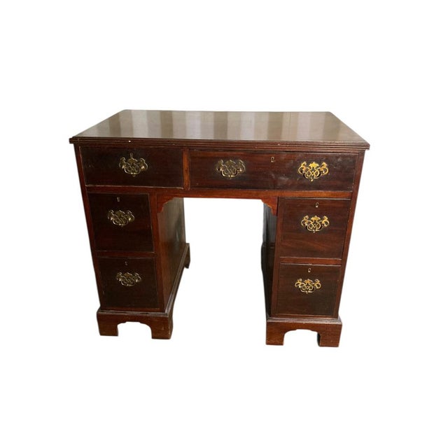 Wood George IIII Mahogany Crossbanded Kneehole Desk of Drawers with Gilt Handles For Sale - Image 7 of 7