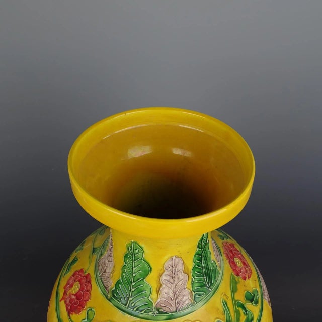Art Deco Chinese Vintage Ceramic Vase,Ming Dynasty Yongle Marked Yellow Ground Famille Verte Porcelain Vase Hand Painted Dragon and Phoenix Pattern For Sale - Image 3 of 7