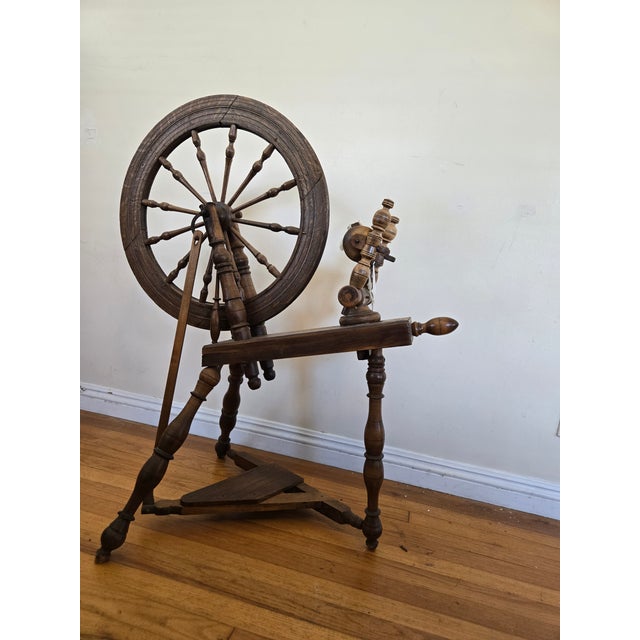 Brown Antique Saxony Style Spinning Wheel For Sale - Image 8 of 8