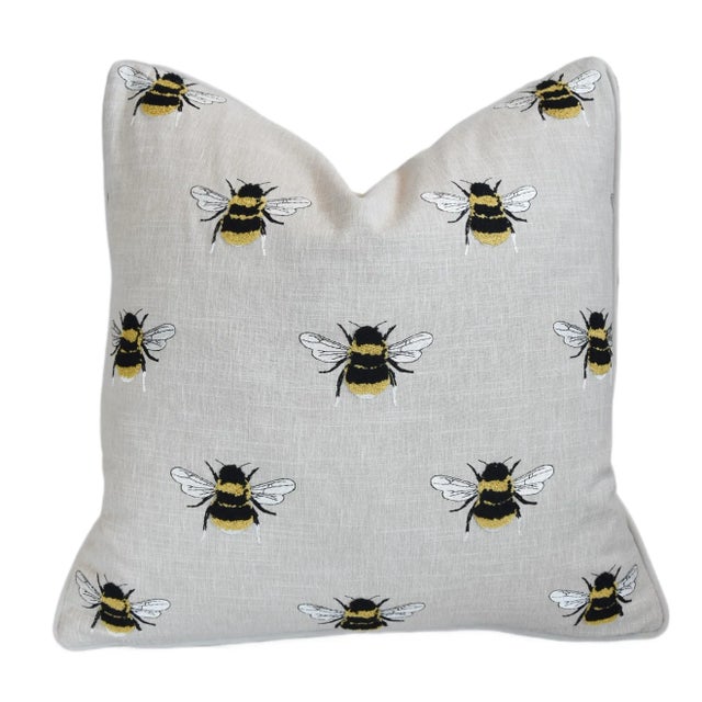 2020s French Napoleonic Embroidered & Tufted Bee Linen & Velvet Feather/Down Pillow 22” Square For Sale - Image 5 of 9