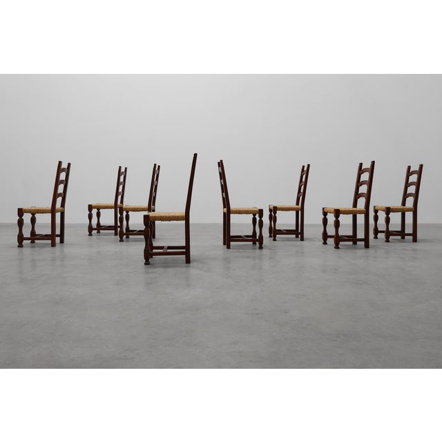 Mid-Century Brutalist Chairs in Wood and Wicker, Belgium, 1970s, Set of 8 For Sale - Image 4 of 17