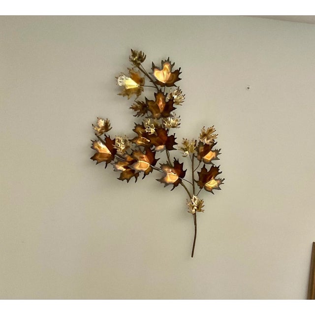 C Jere’ Large Mid Century Modern Maple Leaf Brass Copper Wall Sculpture With Brass C. Jere’ Name Plate For Sale - Image 12 of 12