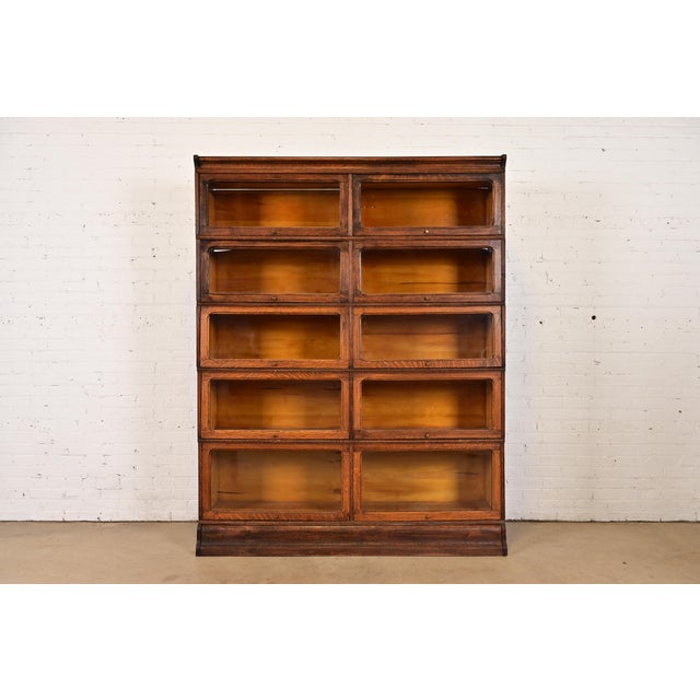 Antique Arts & Crafts Tiger Oak Double Five-Stack Barrister Bookcase, Circa 1900 For Sale - Image 14 of 14