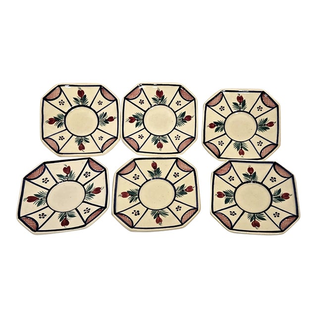 Vintage MCM French Hb Quimper Faience Mistral Hand Painted Platters- Set of 6 For Sale