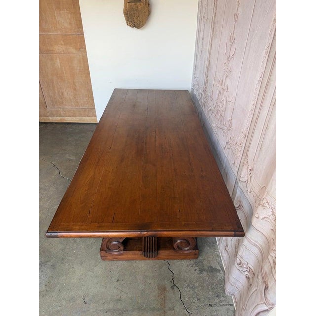 Spanish Spanish Colonial Revival Walnut Dining Table With Hand-Carved Scroll For Sale - Image 3 of 17