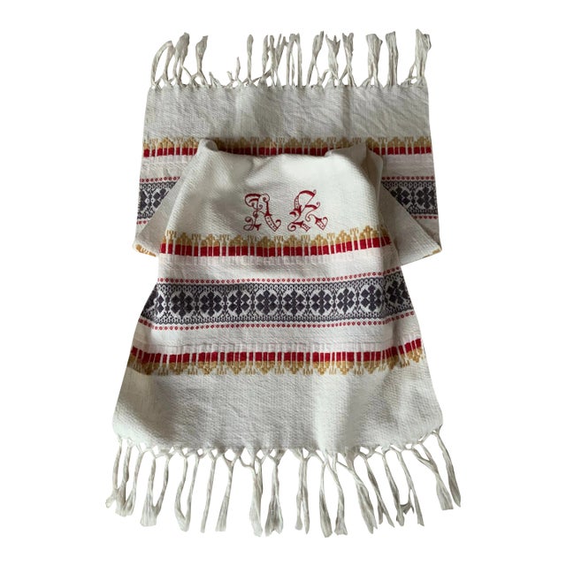 Antique French Linen Torchon - Red Striped Kitchen Towel With Hand-Stitched Monogram For Sale