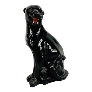Mid Century Modern Large 1970s Italian Ceramic Black Panther Sculpture For Sale
