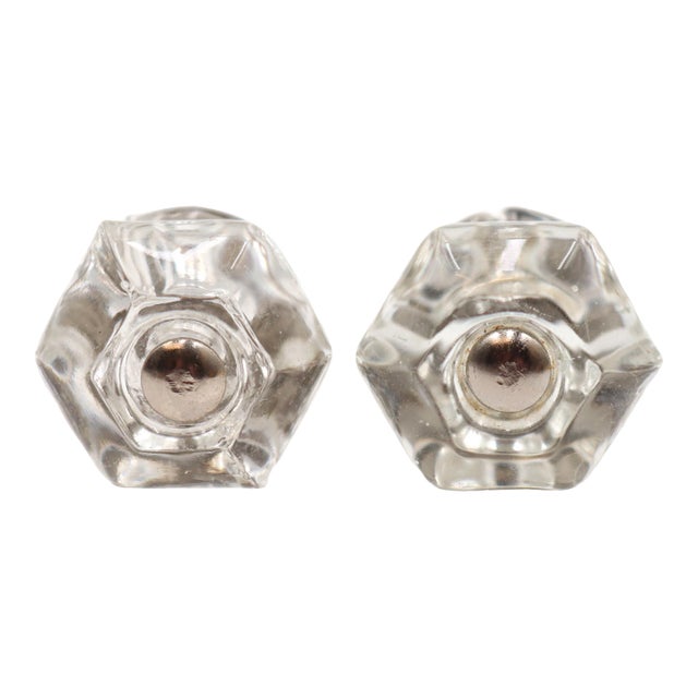 Pair of Antique 1.25 In. Hexagon Glass Cabinet Drawer Knobs For Sale