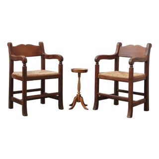 Vintage Mexican Walnut and Rush Armchairs - A Pair For Sale