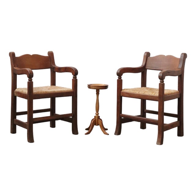 Vintage Mexican Walnut and Rush Armchairs - A Pair For Sale