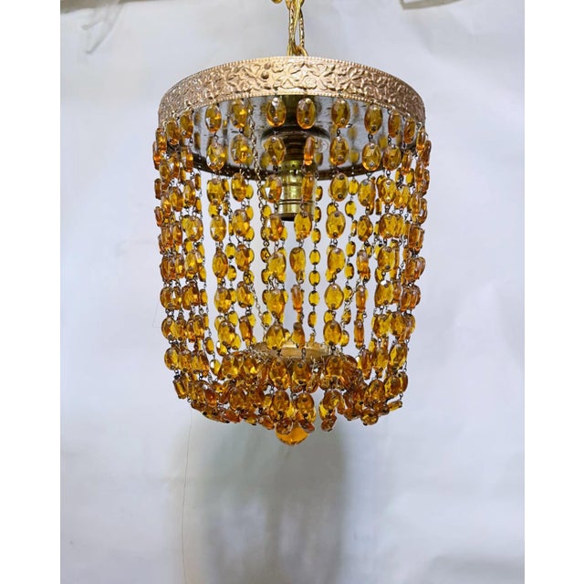 Vintage Amber Glass Beaded Basket Chandelier With Ornate Brass Frame For Sale - Image 9 of 9