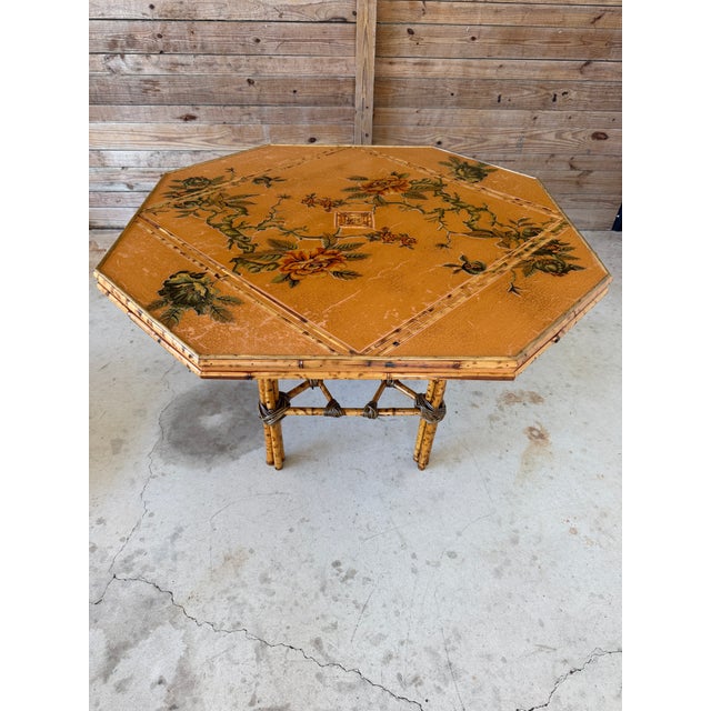 Vintage Coastal Tortoise Bamboo Octagonal Dining Table With Decoupage Floral Top For Sale - Image 10 of 12