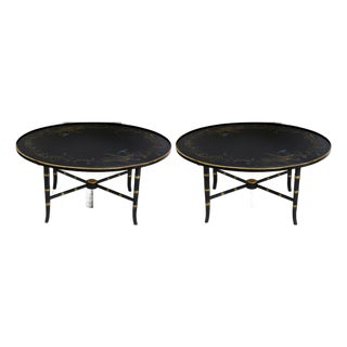 Pair of Vintage Black Lacquer Chinoiserie Coffee Table – Oval Gilt Peacock and Floral Motif Cocktail Table For Sale