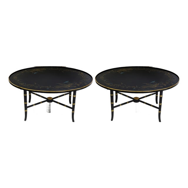Pair of Vintage Black Lacquer Chinoiserie Coffee Table – Oval Gilt Peacock and Floral Motif Cocktail Table For Sale