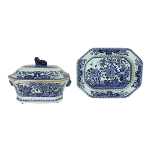 18th-Century Chinese Export Blue & White Porcelain Soup Tureen, Cover & Stand