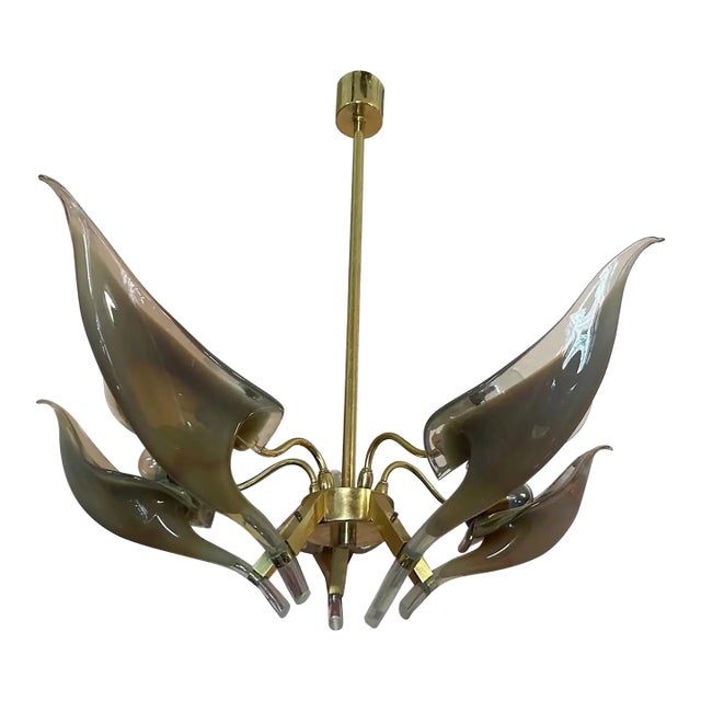 1970s Mid-Century Modern Brown Murano Glass and Brass Chandelier by Franco Luce For Sale