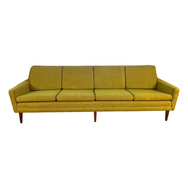 Four-Seat Sofa - Mid-Century Modern, Olive Green Wool, Walnut Legs - Attributed to Vintage Dux For Sale
